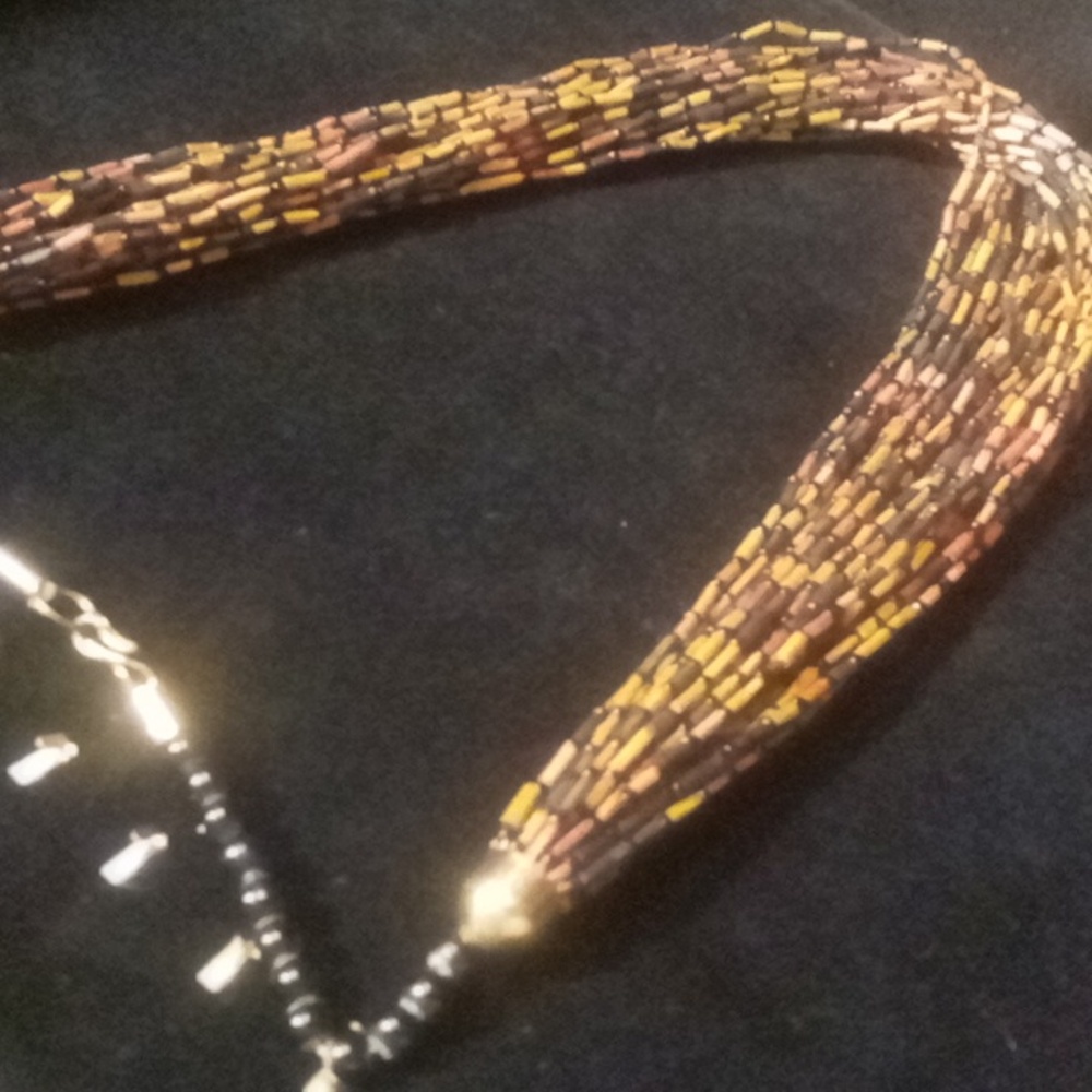 Vintage Black obsidian Multicolor wooden  Beaded Necklace multi Layered